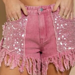POL‎ Sequin Embellished Pink Distressed Fringe Shorts